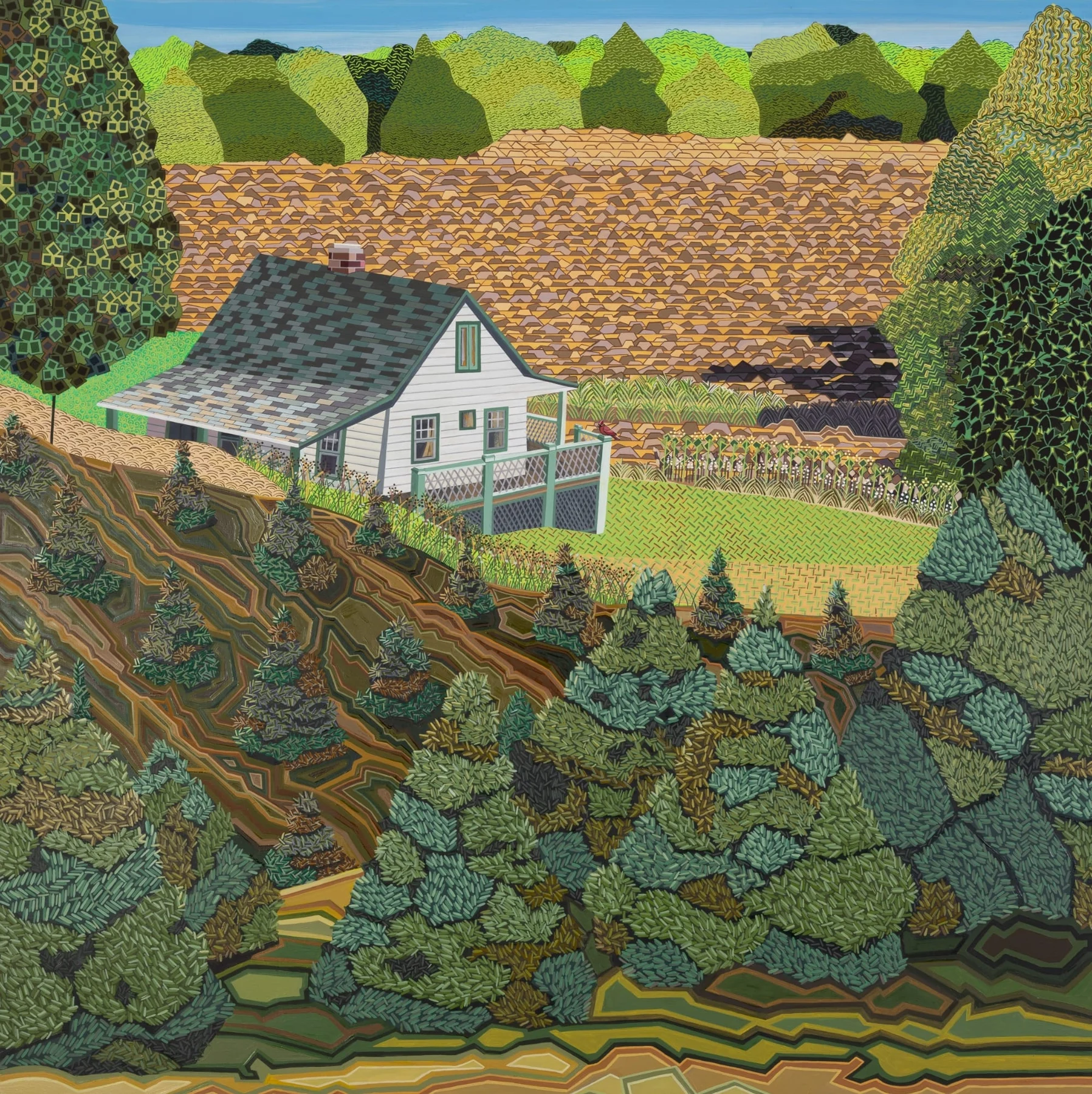 《The Farm (Spring)》(2023),木板油彩与水粉,35 × 35 英寸。