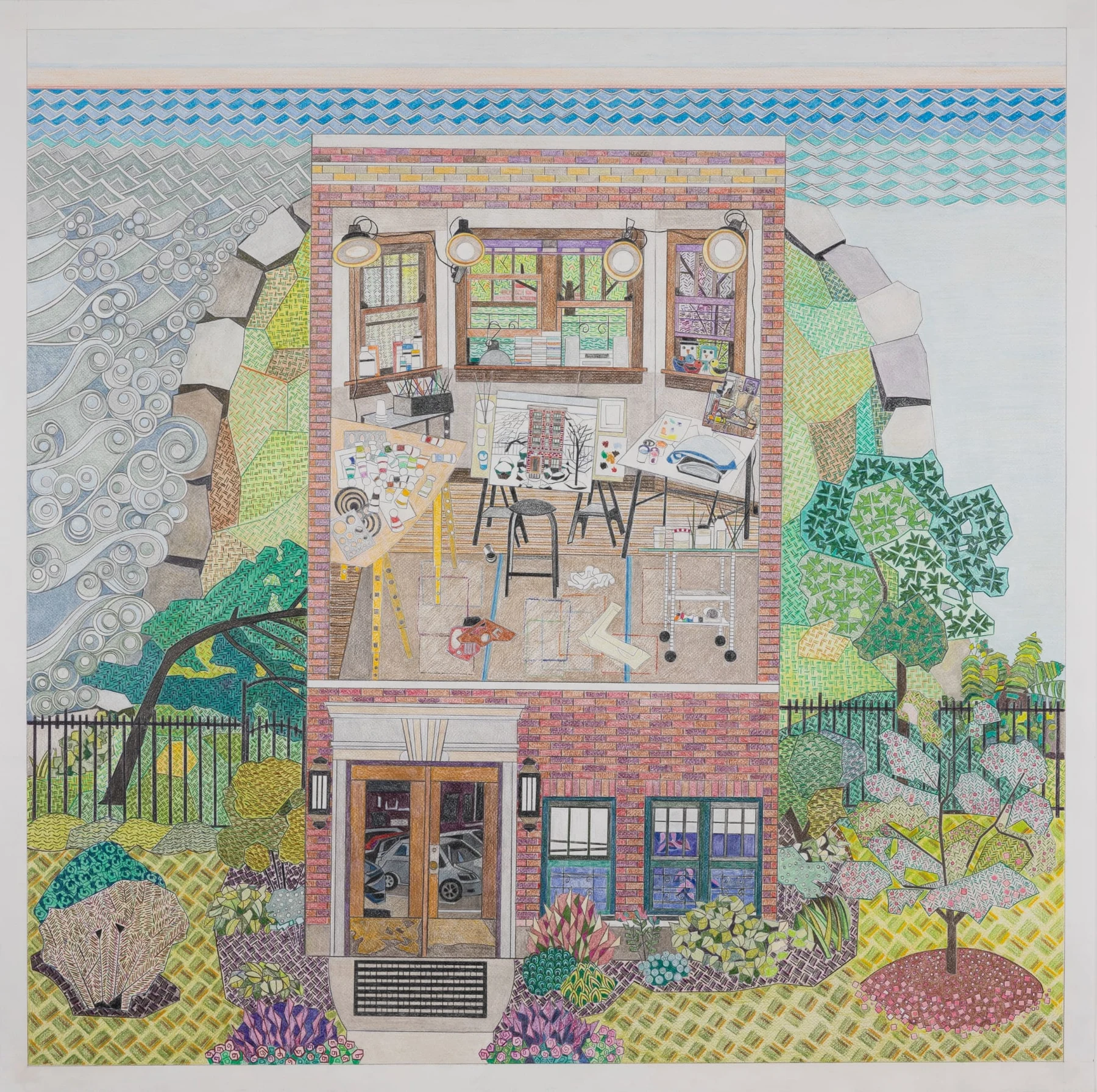 《Northside Southside》(2023),纸上彩色铅笔与铅笔,35 × 35 英寸。