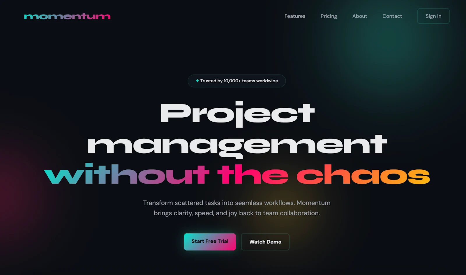 Anthropic 官方 frontend skill 示例中的深色 Momentum 项目管理落地页